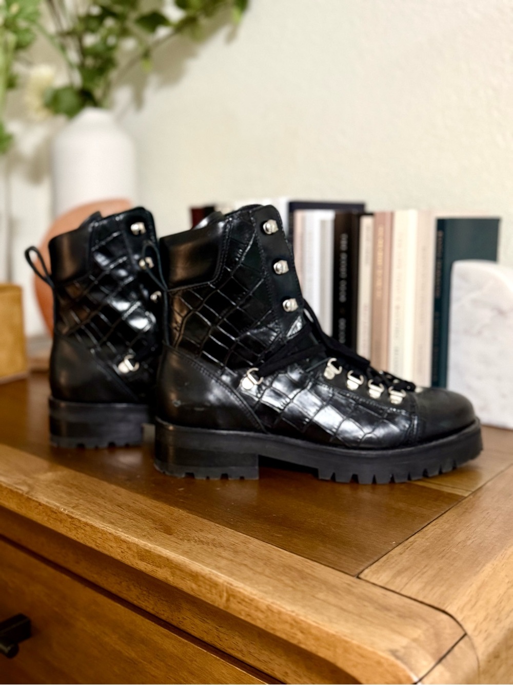All Saints Franka Croc Embossed Leather Lace Up Combat Boots | Size 7